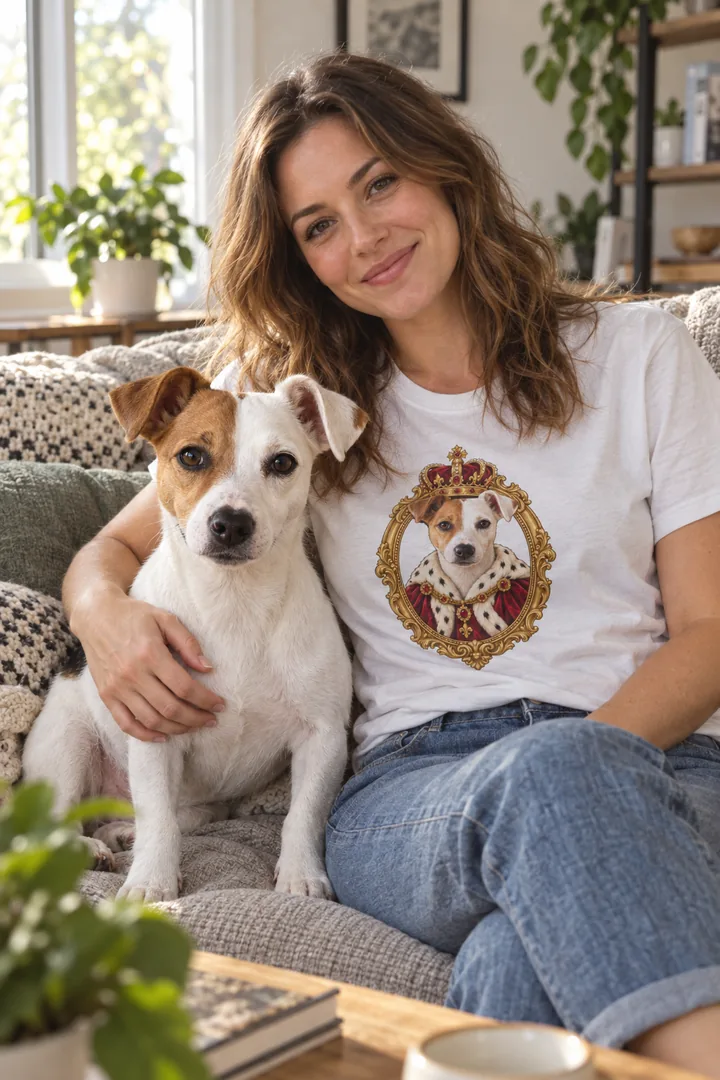 A woman on a sofa wearing a t-shirt printed with a royal portrait of her Jack Russell terrier, with the same dog sitting beside her